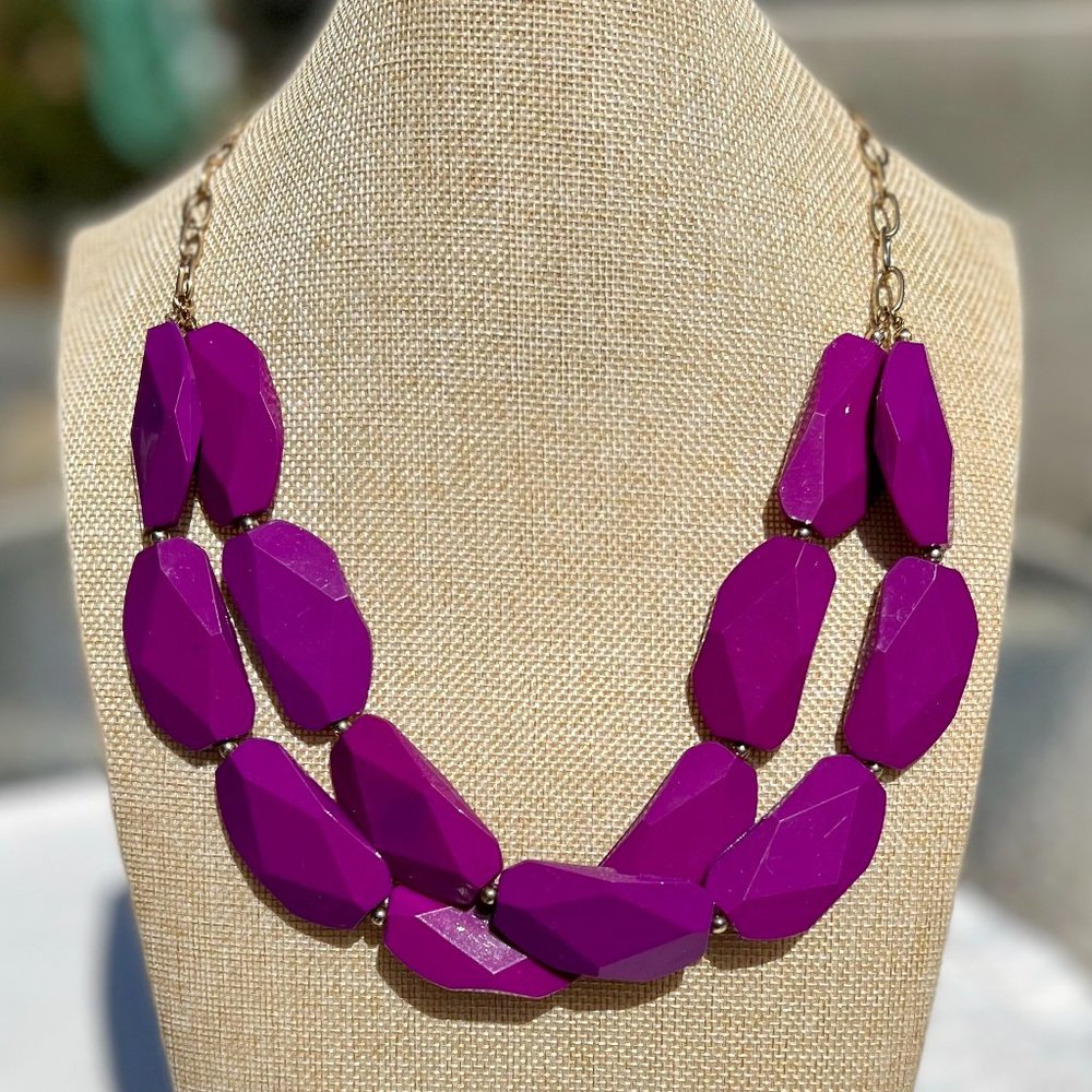 Bohemian Statement Necklace Chunky Purple Plum Faceted Lucite Gold Chain NWT